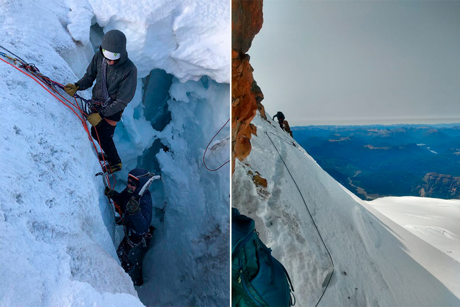 Sebastián Fain Castro y Maximiliano Vaccari escalado en hielo en el Cerro Tronador.